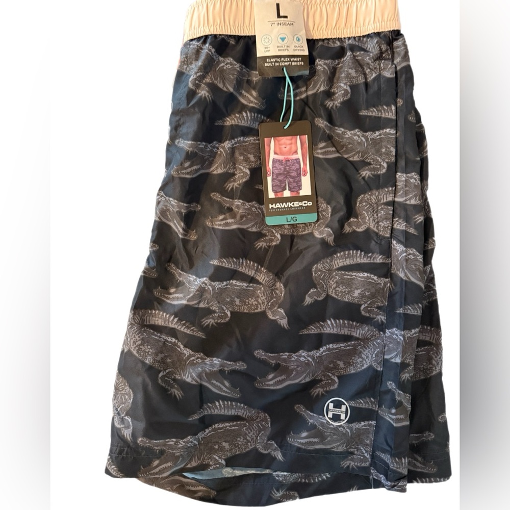 Hawke & Co Black White Alligator Print Swim Shorts NWT quick dry, SPF, L briefs